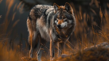 Obraz premium A lone wolf standing alert, its fur blowing in an invisible breeze, eyes sharp and focused.