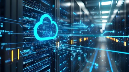 Futuristic AI driven data center with glowing blue network cables floating digital cloud storage and cutting edge information infrastructure  Showcasing the power of cloud intelligence