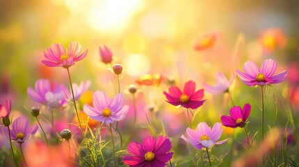 Vibrant flowers bloom in a sunlit field under a clear sky.