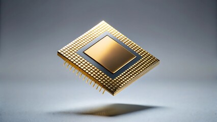 Single microchip with golden details floating in minimalistic design