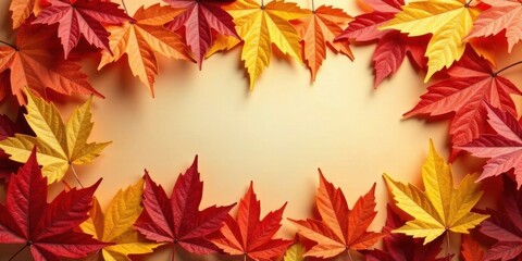 Fototapeta premium Autumnal Leaf Border Featuring Vibrant Red and Gold Foliage on a Warm Background
