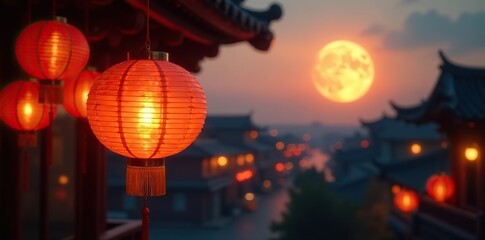 Hanging golden lanterns reflect the lunar glow, reflection, evening