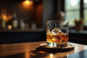 Hanging ornament above whiskey glass on coaster, coaster, decor, hanging ornament