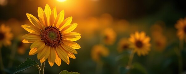 Golden sunflower blooms in darkness, radiating warmth and light, nature, abstract, floral