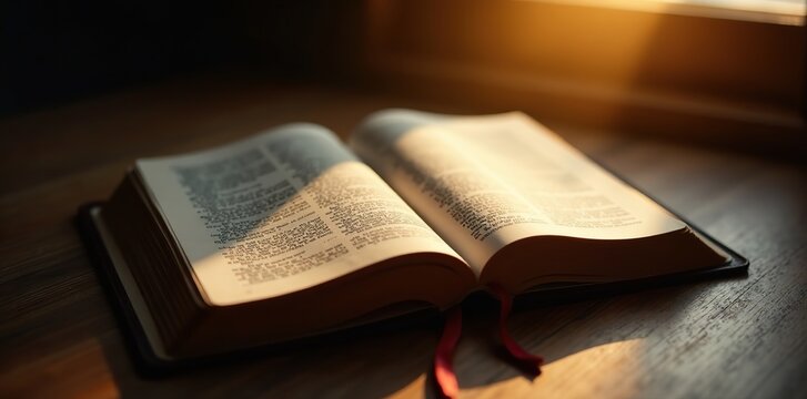 Glowing scripture on wooden desk with light source overhead, wood, natural light, bible