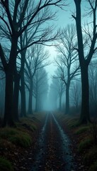 Heavy rain falling on barren trees in a desolate forest, sky, nature