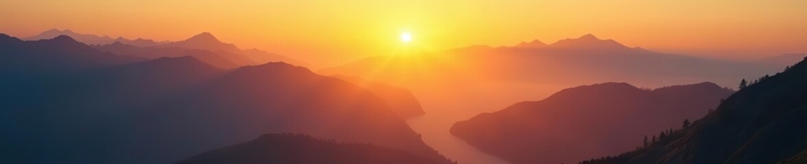Obraz premium Golden sunrise over mystical mountain range with radiant mist and fog, serene landscapes, peaceful dawn, rugged terrain