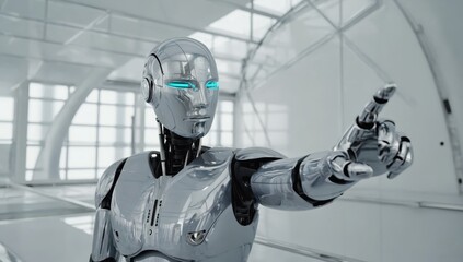 Futuristic Robot with Glowing Eyes Pointing in Modern Environment