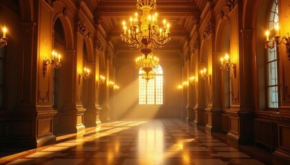 Obraz premium Golden light swirls around ornate chandeliers, gold, hall