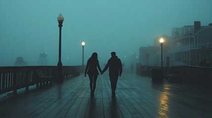 Fototapeta premium A couple holding hands while walking on the boardwalk