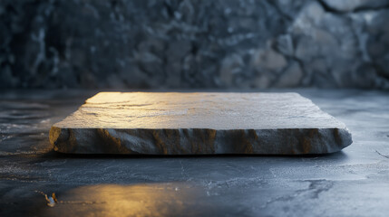 Stone slab on a dark background with soft lighting showcasing its texture and dimension at an art studio