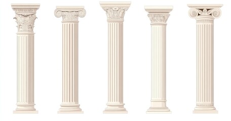 Fototapeta premium Set of beige antique columns, ancient Greek and Roman pillars, architectural elements