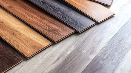 Neatly arranged wood laminate floor samples in various natural tones showcasing diverse textures and grain patterns perfect for interior design home renovation and flooring material selection