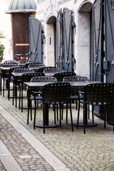 Cozy terrace with tables of cafe in Ljubljana, Slovenia