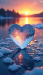 Fototapeta premium Icy glass crystal heart hovering above a lake's surface at sunrise, frozen, glass, ice