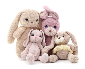 Group of knitted rabbits.