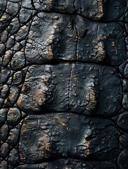 A detailed view of alligator skin captures rugged textures and deep-set grooves, evoking a prehistoric appearance