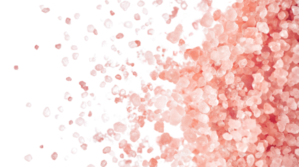 Scattered pink Himalayan salt granules with soft crystal reflections, spa and wellness concept, isolated on white background, PNG format 