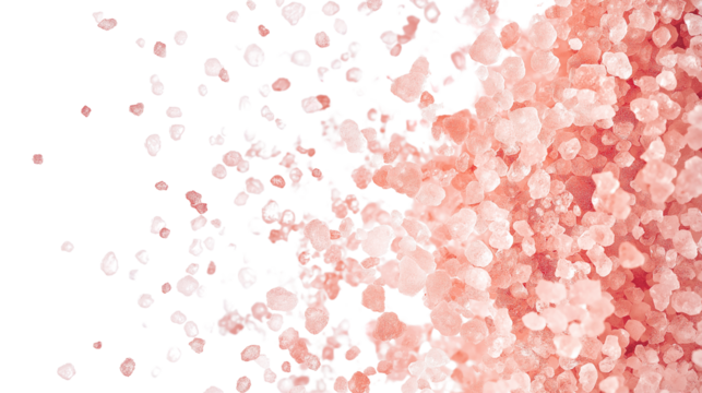 Scattered pink Himalayan salt granules with soft crystal reflections, spa and wellness concept, isolated on white background, PNG format 