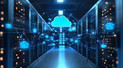 Sleek and modern server facility showcasing futuristic cloud technology and data center infrastructure with illuminated pathways seamless internet connectivity and advanced computing systems