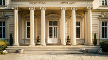 Obraz premium Elegant Colonial Style Building Entrance with Columns and Plants