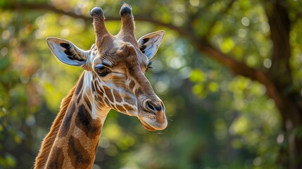 Fototapeta premium A regal giraffe with a long neck, its head tilted slightly as if curiously observing.