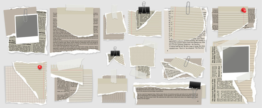 vintage different collage items on top sets of torn paper ripped blocks post its lined and grid with photographs and binder cliips