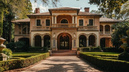 Fototapeta premium Elegant Historic Mansion Surrounded by Lush Greenery and Pathway