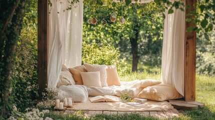 A cozy outdoor summer reading nook with pillows