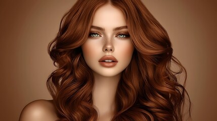 Fototapeta premium Striking beauty portrait of a gorgeous woman with vivid fiery red curly hair and a smooth glowing complexion The high end fashion photography style showcases the model s confidence and allure