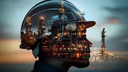 Striking silhouette of a large complex industrial oil refinery plant with a worker s safety helmet in the foreground set against a dramatic sunset sky with vibrant colors and reflections