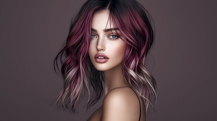 Stunning and Captivating Portrait of a Glamorous Female Model with Deep Burgundy Toned Balayage Hair Styled in Soft Effortless Waves and a Stylish Confident Expression