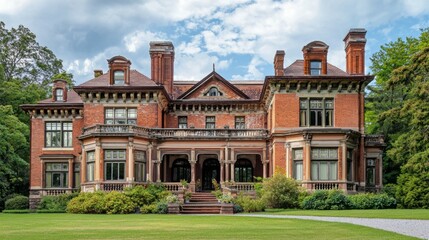 Fototapeta premium Elegant Historical Mansion Surrounded by Lush Greenery and Blue Sky