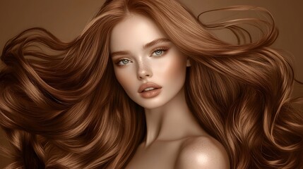 Obraz premium Stunning redhead woman with long voluminous and shiny wavy red hair soft curls cascading over shoulders flawless beauty rich vibrant color elegant portrait shot in natural lighting