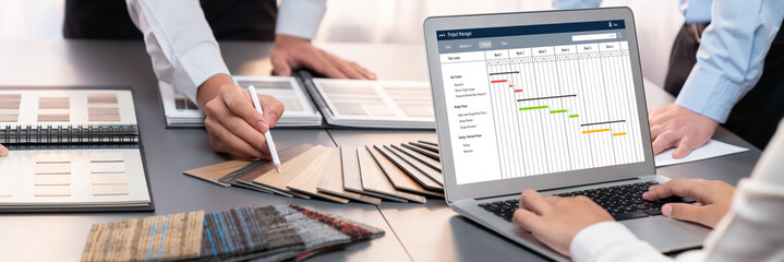 Project planning software for brisk business project management on the computer screen showing...