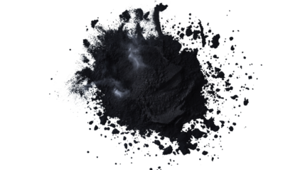 Charcoal powder burst with dark smoky texture, deep cleansing detox beauty concept, isolated on white background, PNG format