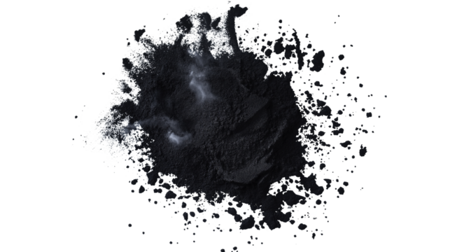 Charcoal powder burst with dark smoky texture, deep cleansing detox beauty concept, isolated on white background, PNG format