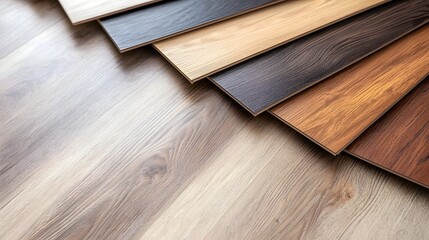 Variety of vinyl tile and parquet flooring samples arranged in a square layout showcasing warm oak and natural wood finishes for elegant and modern options suitable for home commercial