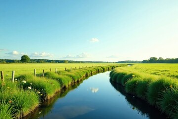 Obraz premium Serene Canal Winding Through Lush Green Meadow Under a Clear Blue Sky