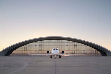 Jet positioned in front of minimalist hangars showcasing sharp architectural lines and smooth curves at sunset