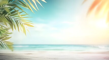 Obraz premium Vibrant tropical beach paradise backdrop featuring blurred green palm leaves bright blue sky and soft sun flares evoking a warm and cheerful vacation vibe