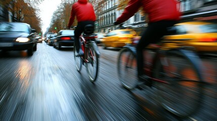 Urban cyclists riding through a wet city street with motion blur, depicting fast-paced commuting, eco-friendly transport, and dynamic movement in urban traffic, Generative AI
