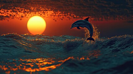 A dolphin jumping out of the water at sunset