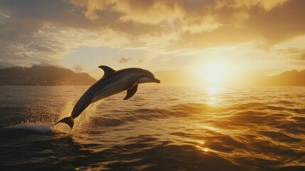 Fototapeta premium A dolphin jumping out of the water at sunset