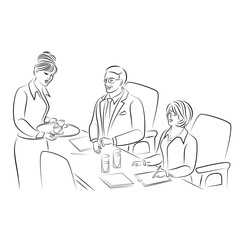 Girl serves two cups of tea, coffee on a tray to employees. Secretary in the office. Work meeting. Vector illustrations.