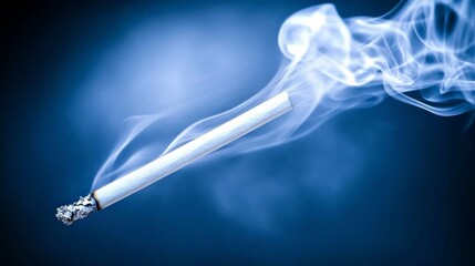 A cigarette burns slowly, releasing delicate wisps of smoke that dance in the air. The blue background enhances the tranquil atmosphere, inviting moments of deep thinking