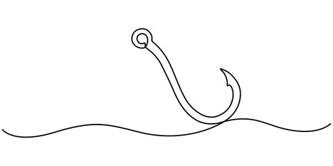 Fishing hook line continuous drawing vector. One line Hook vector background. Hook fisherman's equipment icon. Continuous outline of a Fishing hook,  minimalist pro vector illustration line concept.