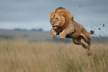 Magnificent lion leaping dynamically across the golden savannah plains © meka