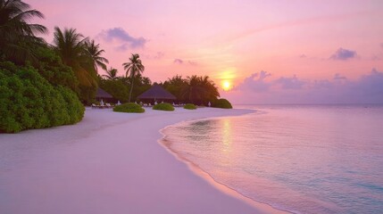 Soft pink and lavender sunset skies reflecting on a calm white sand beach