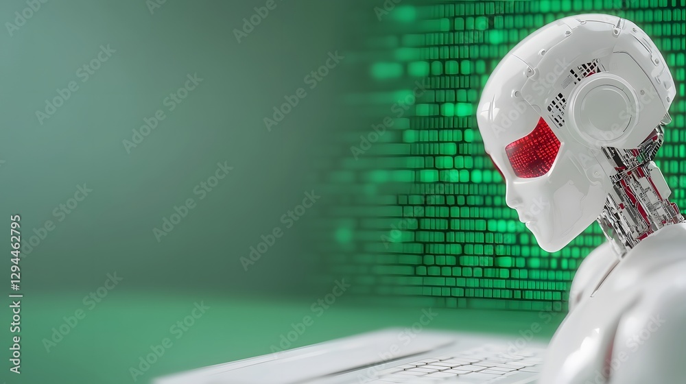 Poster futuristic robot interacting with keyboard in a modern high-tech environment showcasing artificial i